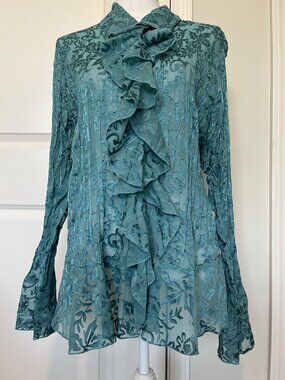 Vtg Allison Taylor Woman Ruffle Front Blouse Teal Floral Pattern Long Sleeve 1X
